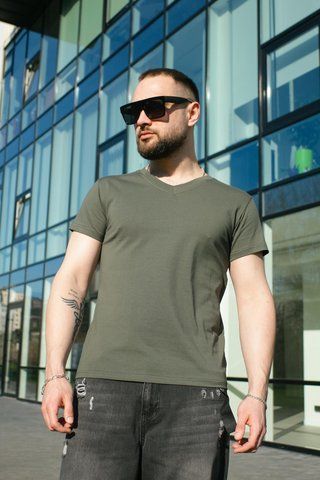 Чоловіча футболка з V-вирізом (Турецький кулір) - Premium Cotton Хакі S 1620981679-01 фото