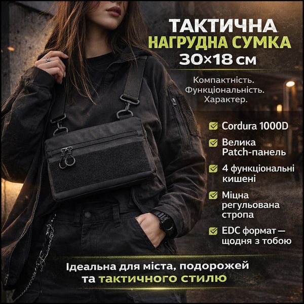 Тактическая сумка-бананка черная через плечо 30х18 см ws86258 фото